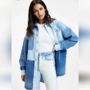 Good American Patchwork Blue Jean Denim Shirt Jacket Shacket L / XL